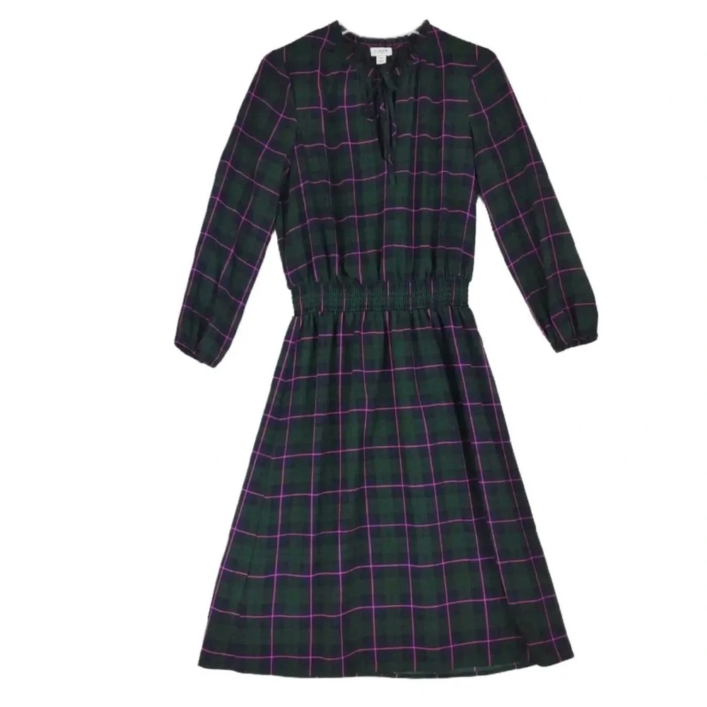 J.CREW Dark Green Plaid Blouson Dress, Ruffle Tie Collar Puff Sleeve Size Medium